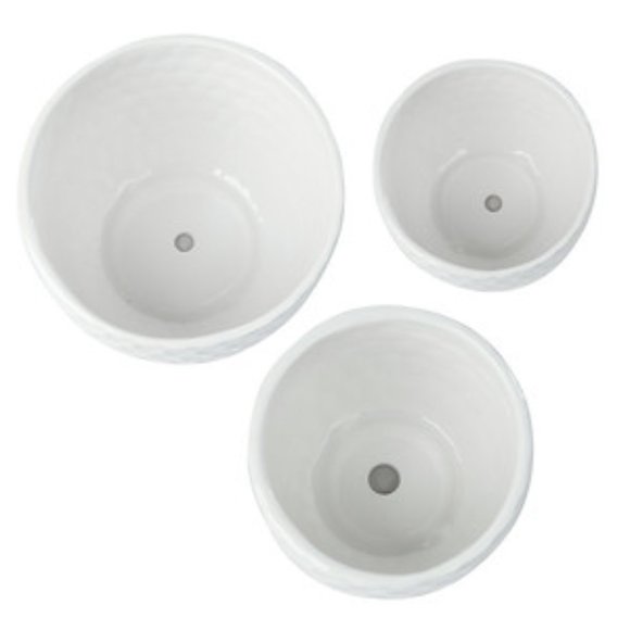 White 3pc Set Textured Ceramic Planters and Attached Saucers #POT0055 - Picture 3 of 7